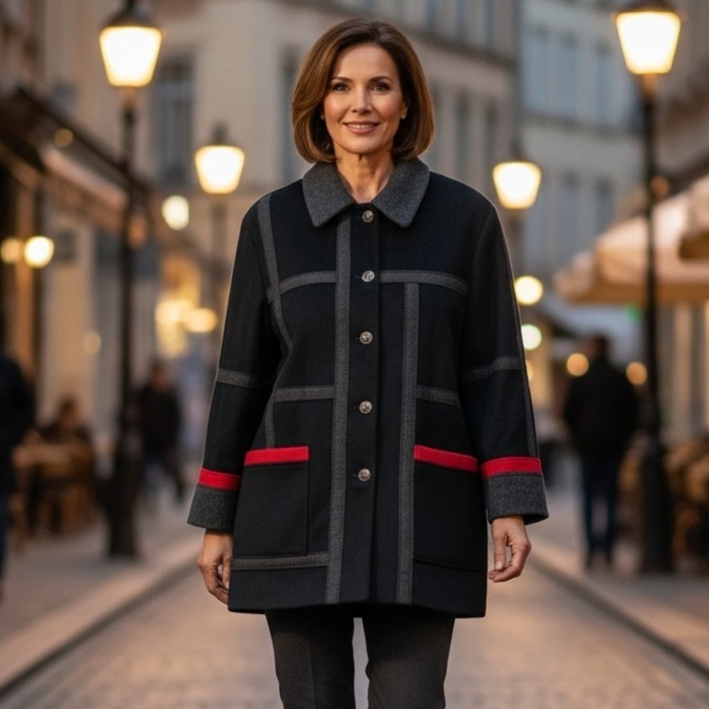 Vtg LORING Coat Jacket Womens Sz XL Black Gray Red Wool‎ Geometric Retro Pockets